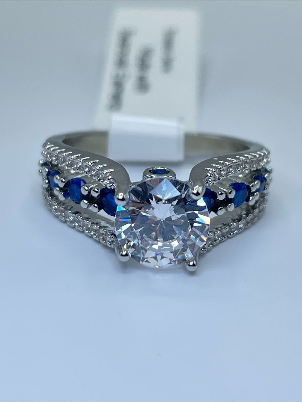 Swarovski Crystal Elements White Blue Round Cut Crystal Statement Ring Sz 8
